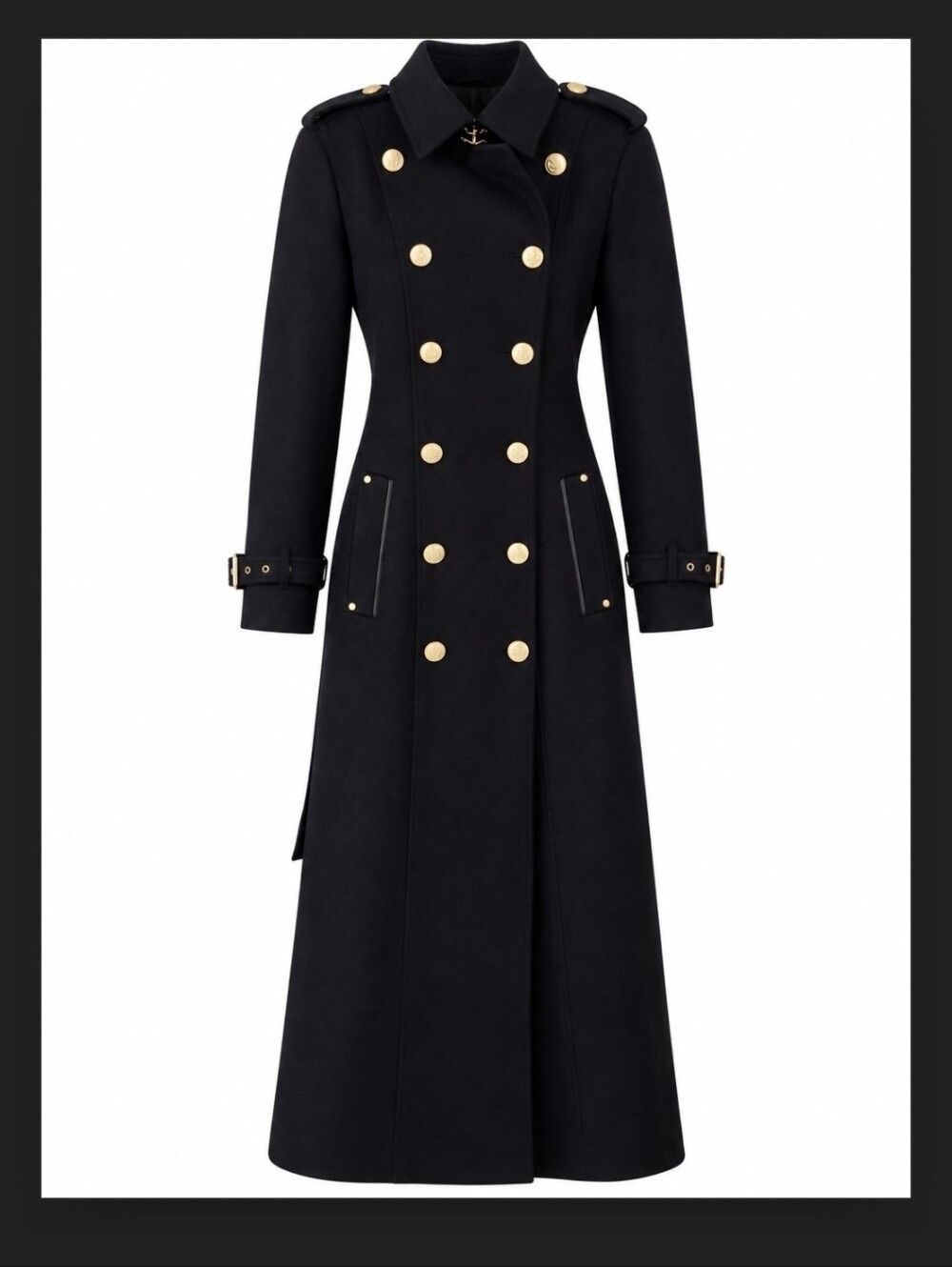 NwT Sz 6 Holland Cooper Long Maxi Black Trench Coat with Gold Buttons 100% Wool